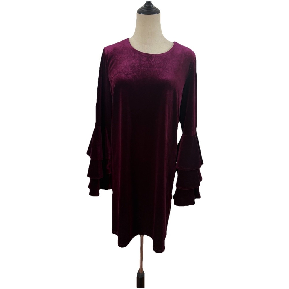 Sugar Lips Velvet Eggplant Dress Midi Ruff Tired Bell Sleeve Sz S Cocktail Party